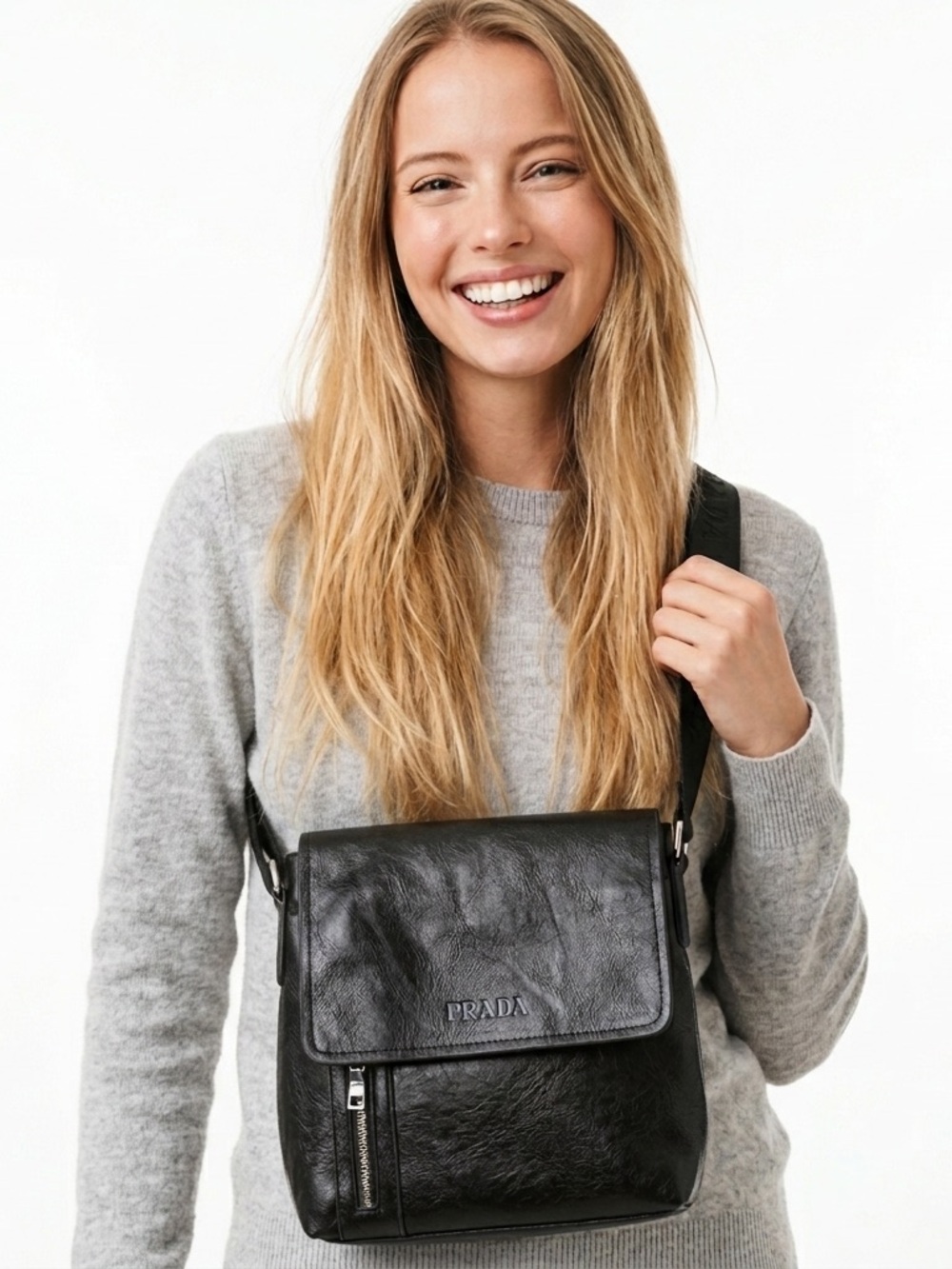 Black Faux Leather Flap Shoulder Bag Messenger Bag Crossbody Strap